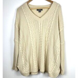 Natural Reflections V-Neck Sweater Oatmeal Cable Knit Fisherman’s Preppy Size XL